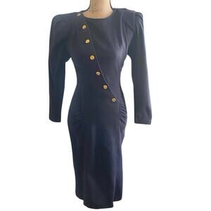 80s Vintage All That Jazz Black Bodycon Dress XS Ribbed Knit Midi